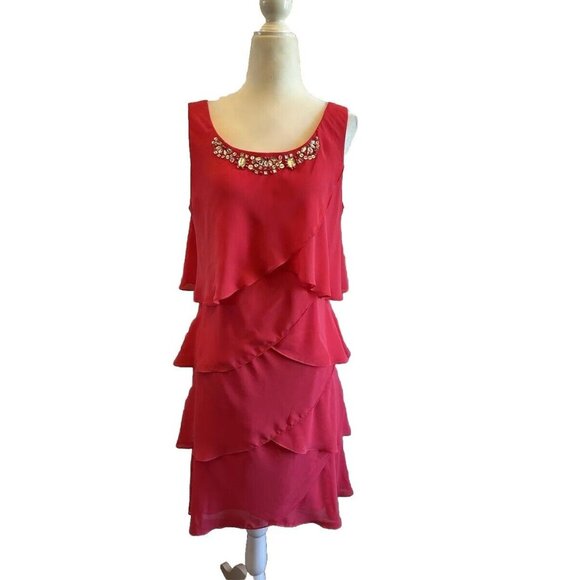 SLNY Dress Sz 12 Raspberry Pink Rhinestone Chiffon Tiered Sleeveless Sheath - Picture 1 of 11